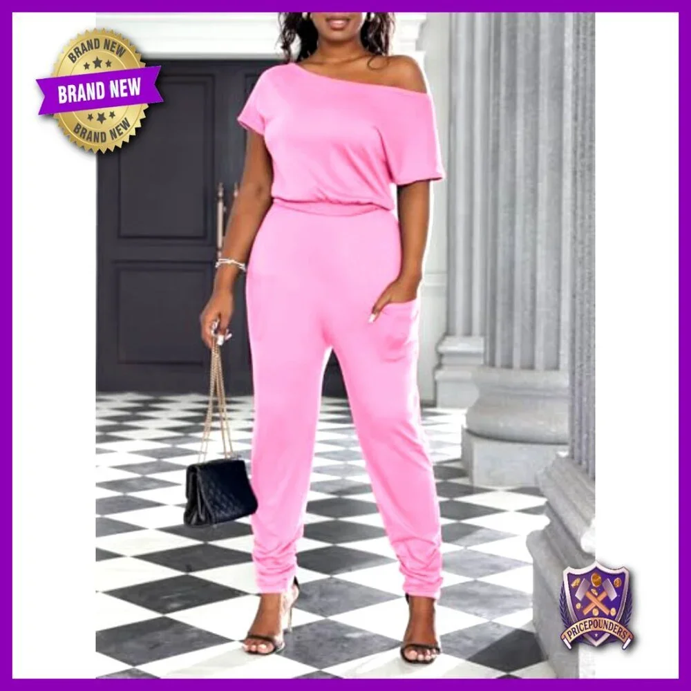 Plus Size Off Shoulder Jumpsuit with Pockets Loose Fit Summer Romper